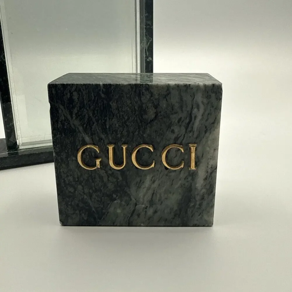 VTG Gucci Italy Green Marble Acrylic Vase Insert Sign Block Board Display Desk